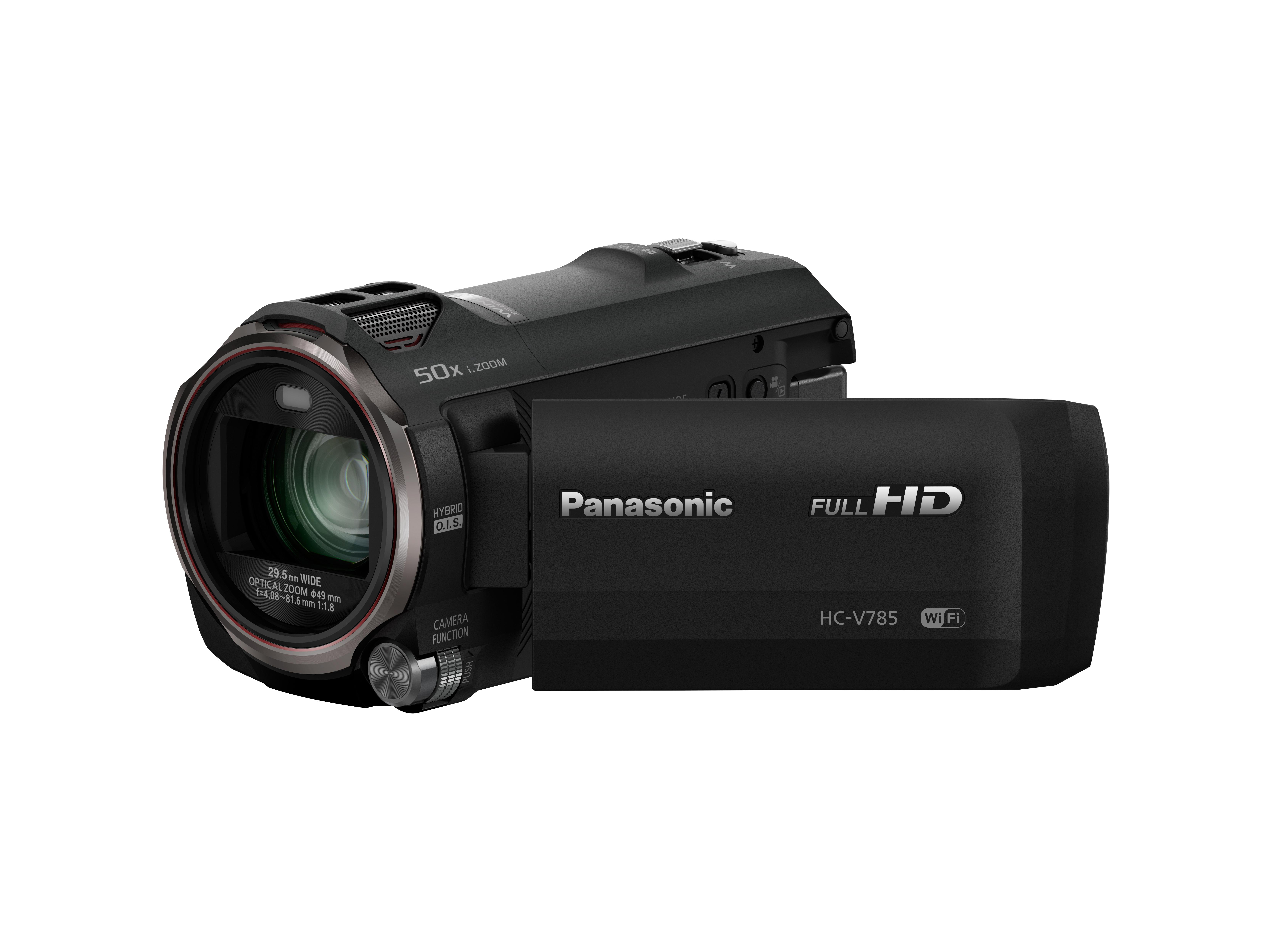 Ein schwarzer Panasonic FULL HD Camcorder mit geöffnetem Bildschirm wird gezeigt.