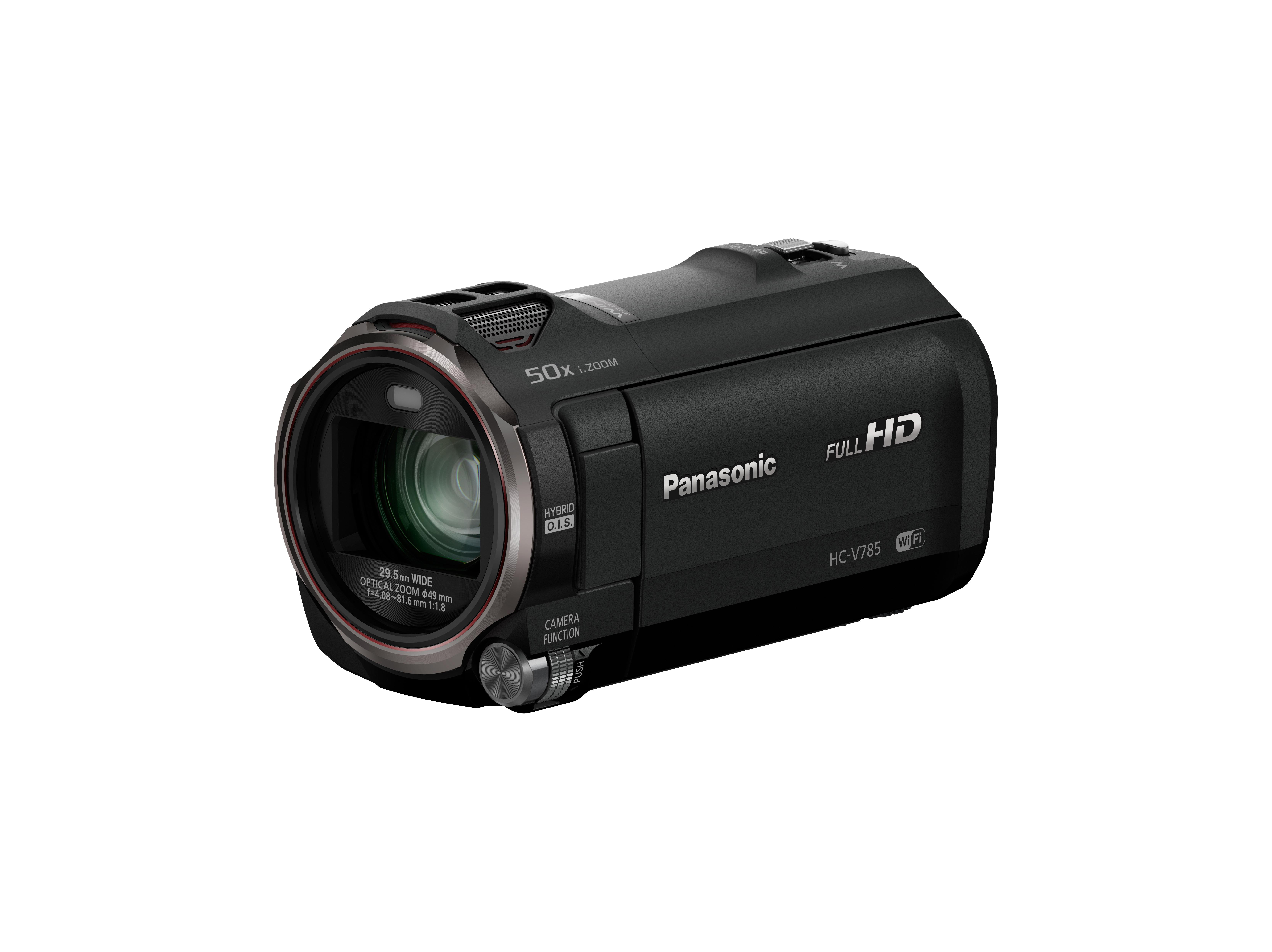 Ein schwarzer Panasonic HC-V785 Camcorder wird gezeigt. Er hat ein Objektiv, Knöpfe und die Markierungen Panasonic und Full HD.