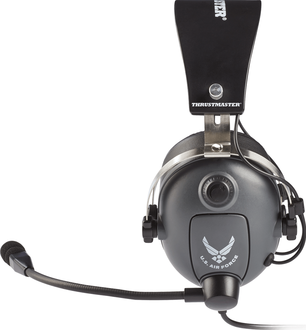 Ein schwarz-graues Thrustmaster-Luftfahrt-Headset mit US-Luftwaffenlogo und angebrachtem Mikrofon vor schwarzem Hintergrund.