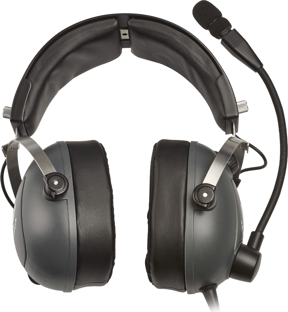 Schwarze Pilotenheadsets mit Mikrofonarm vor schwarzem Hintergrund.