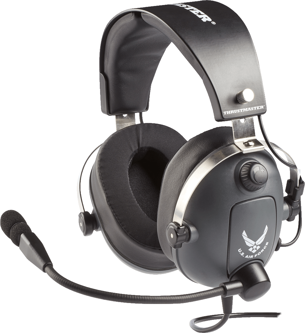 Schwarze Thrustmaster U.S. Air Force Gaming-Headset mit gepolstertem Kopfband und Mikrofon auf schwarzem Hintergrund.