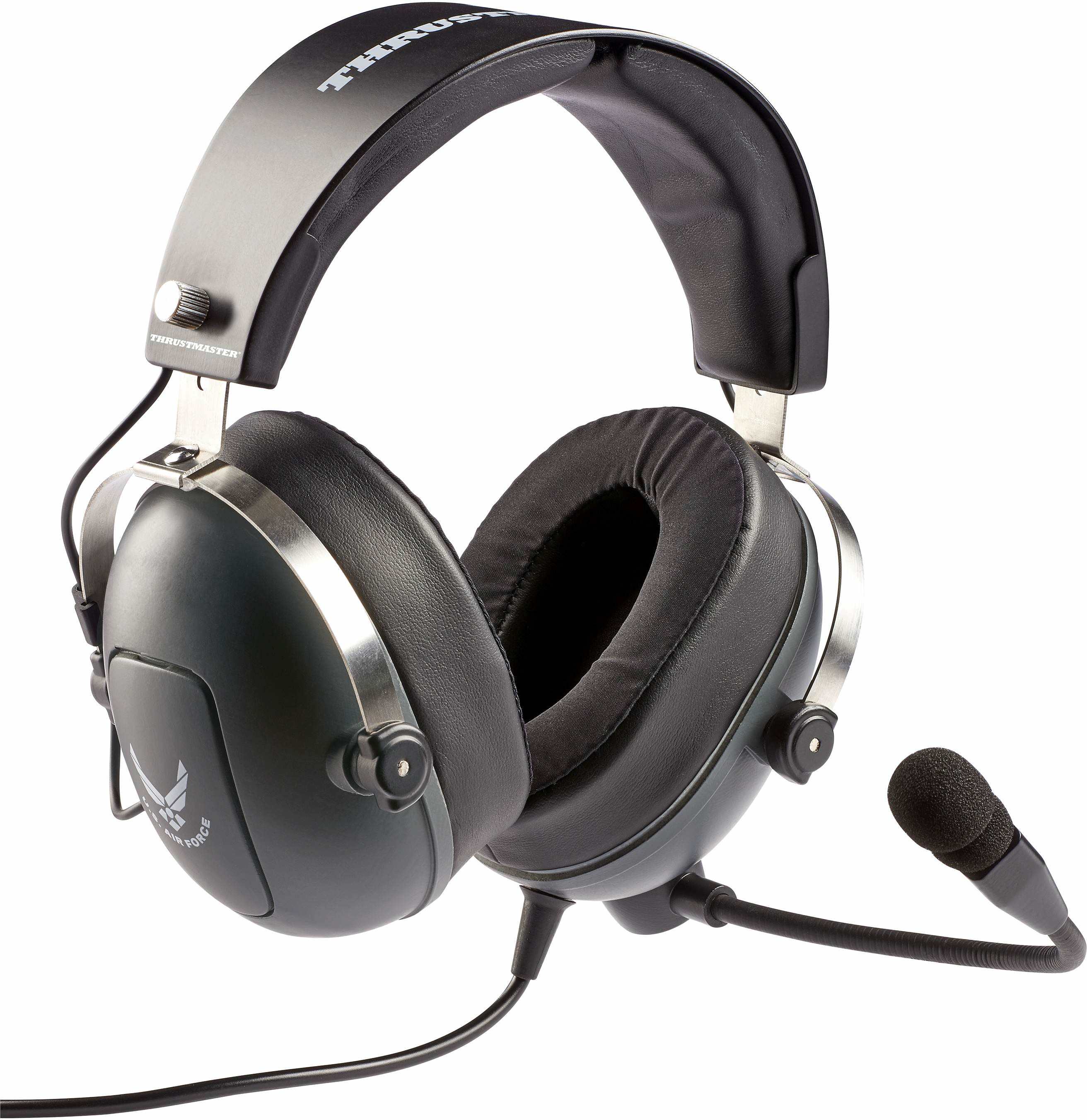 Schwarzes Over-Ear-Gaming-Headset mit gepolsterten Kissen, silbernen Akzenten und Mikrofon vor weißem Hintergrund.