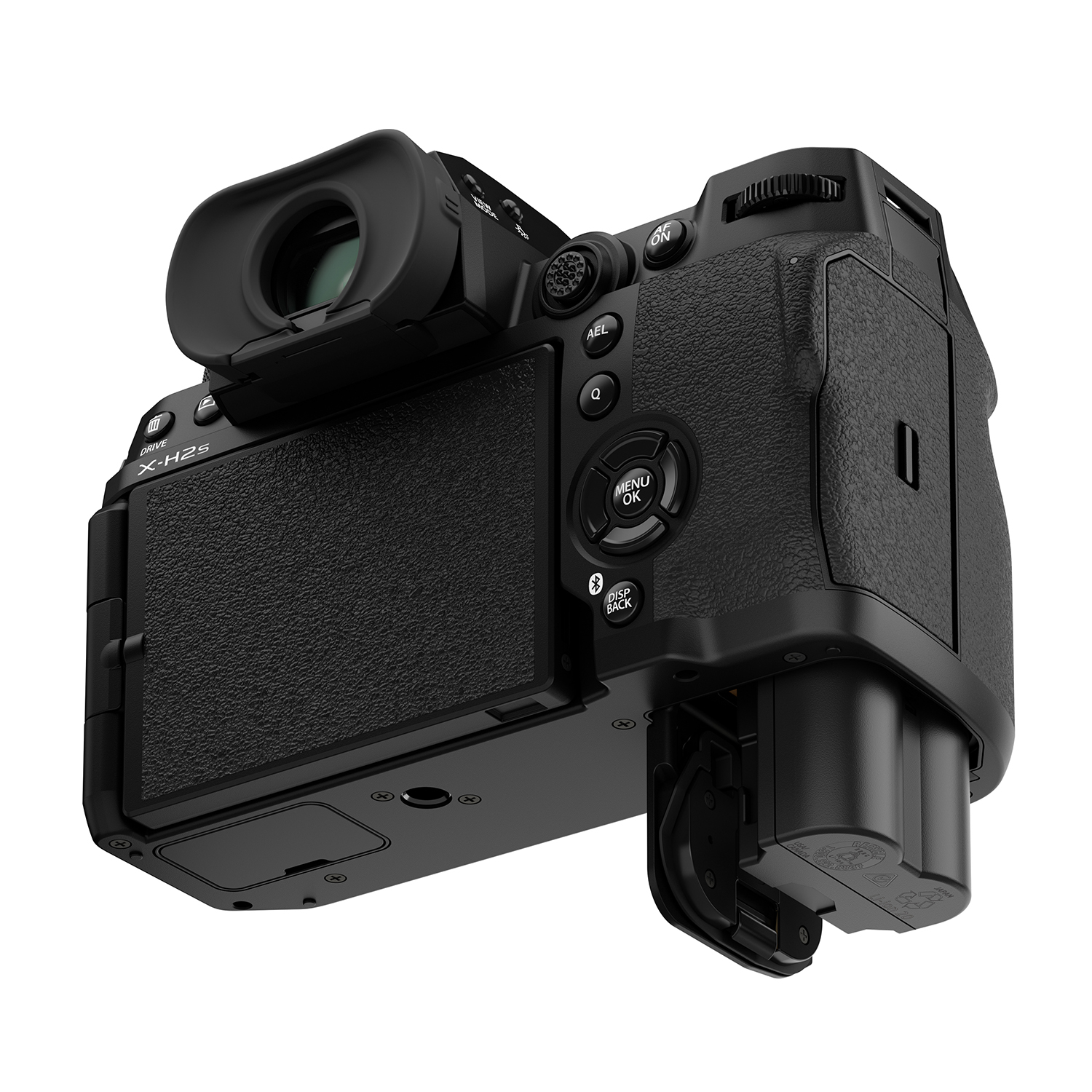 Fotocamera nera con obiettivo e mirino. Il retro ha schermo e pulsanti. Rifinitura argento.