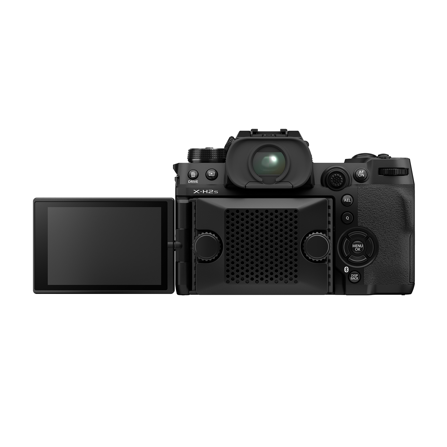 Una fotocamera digitale nera, vista posteriore, che mostra lo schermo e i comandi.