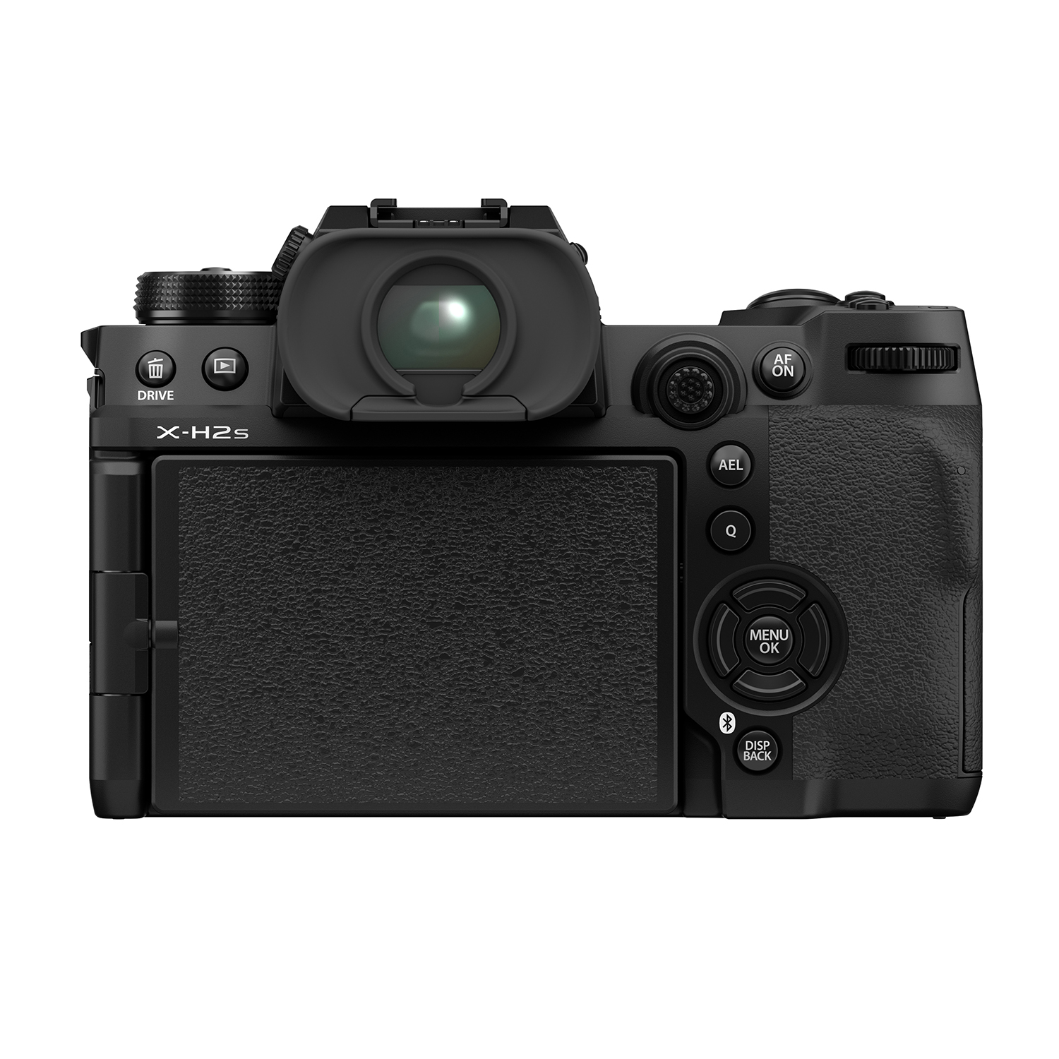 Retro di una fotocamera nera. Ha uno schermo, pulsanti e un mirino. Il marchio è Fujifilm.
