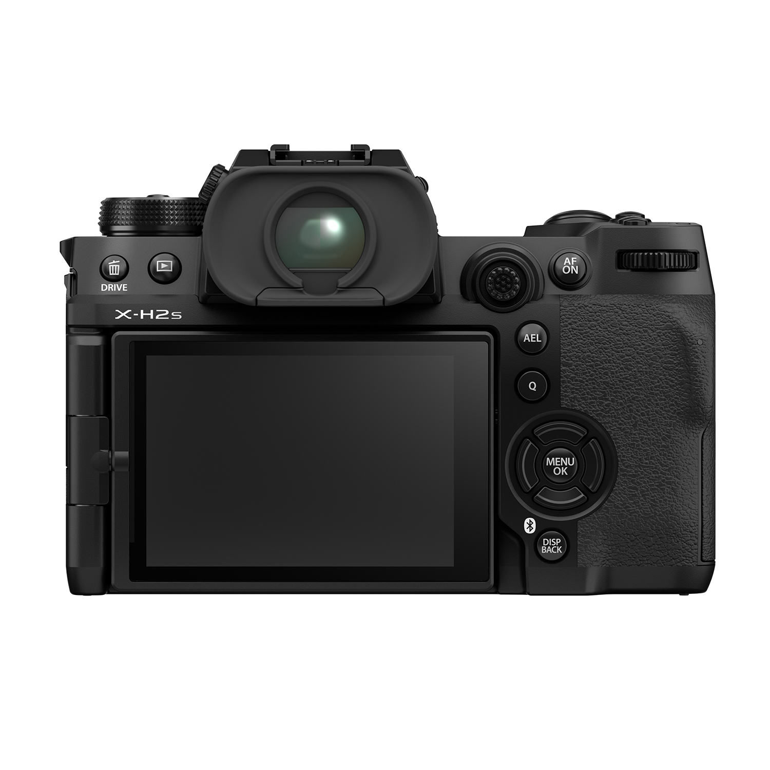 Una fotocamera digitale nera con schermo e pulsanti, vista da dietro.