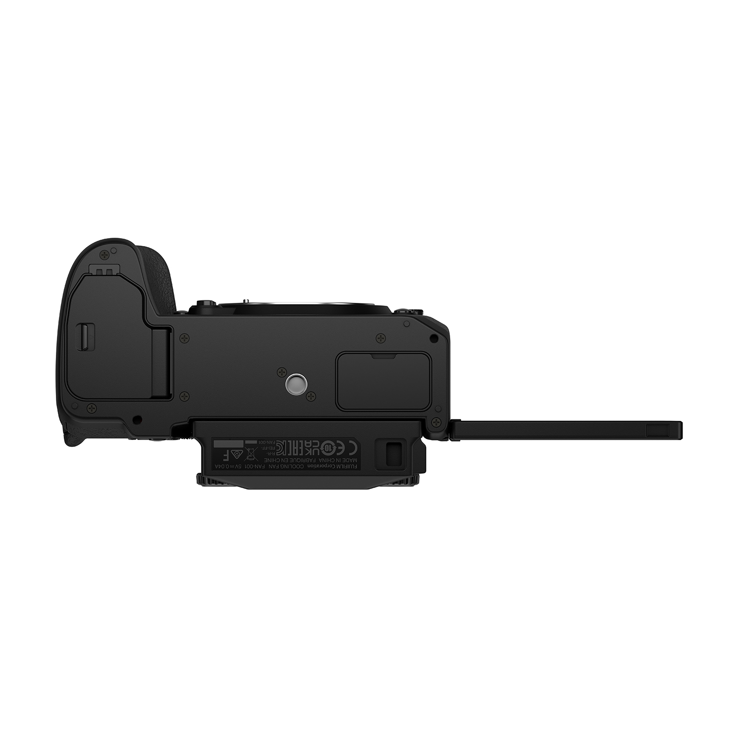 Una fotocamera nera con obiettivo su sfondo bianco.