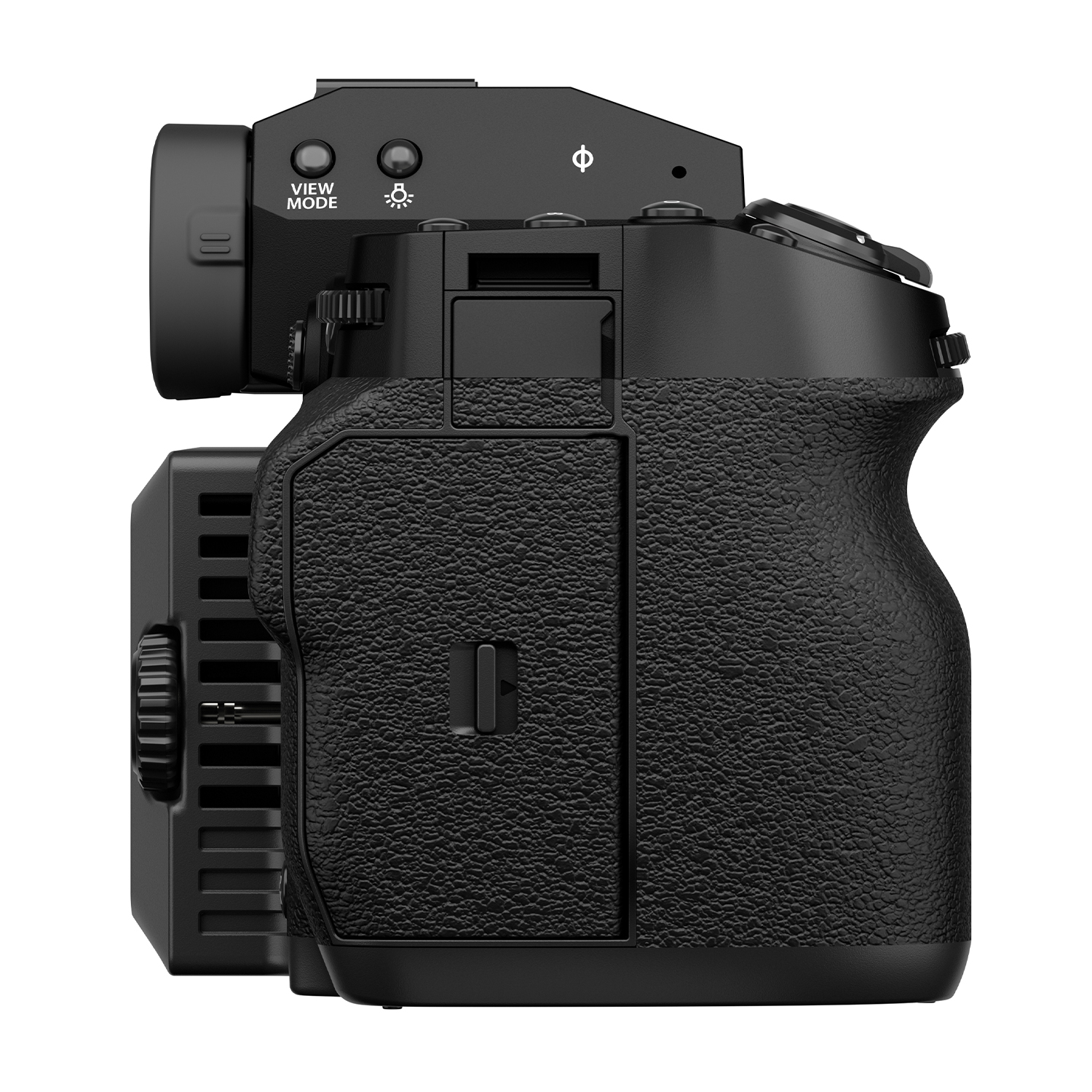 Una fotocamera nera con impugnatura strutturata, pulsante modalità di visualizzazione e quadranti.