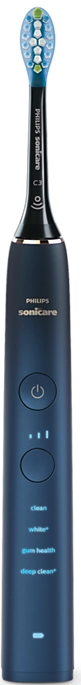 Eine dunkelblaue Philips Sonicare elektrische Zahnbürste. Sie hat ein schlankes Design mit beleuchtetem Display.