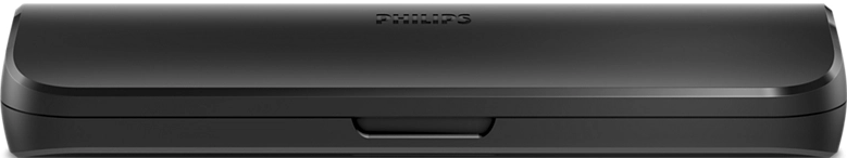 Eine schwarze Philips-Kopfhörerhülle, rechteckig mit kleiner Öffnung, klares Design.