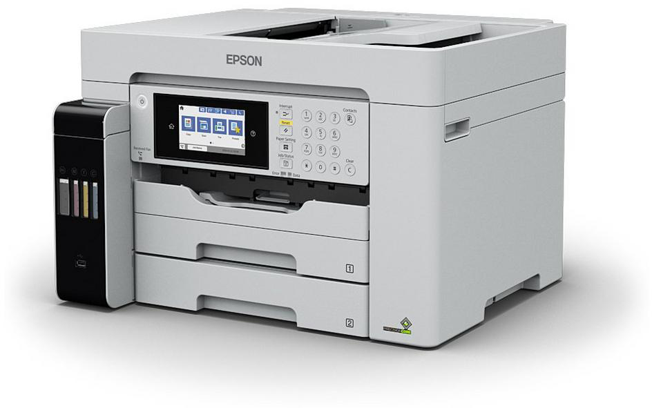 Fehér Epson nyomtató fekete tintatartállyal balra, képernyővel, gombokkal és papírtálcákkal.