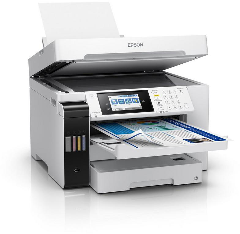 Fehér Epson nyomtató papírral a tálcában és a kimenetben.