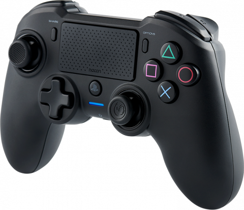 Egy fekete Nacon PlayStation kontroller. Gombok, joystickek és egy érintőpad van rajta. A kontroller sima háttéren van.