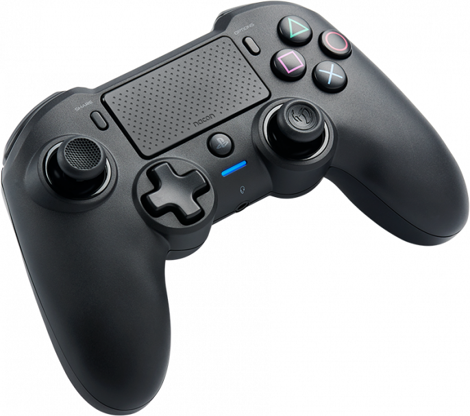 Fekete Nacon PS4-kontroller. Gombokkal, joystickekkel és érintőpaddal rendelkezik. A kontrolleren van megosztás és opció gomb.