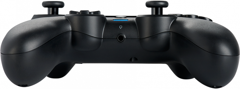 Egy fekete játékvezérlő két joystickkal, gombokkal és egy fejhallgató-csatlakozóval. Egy kék fény világít középen.