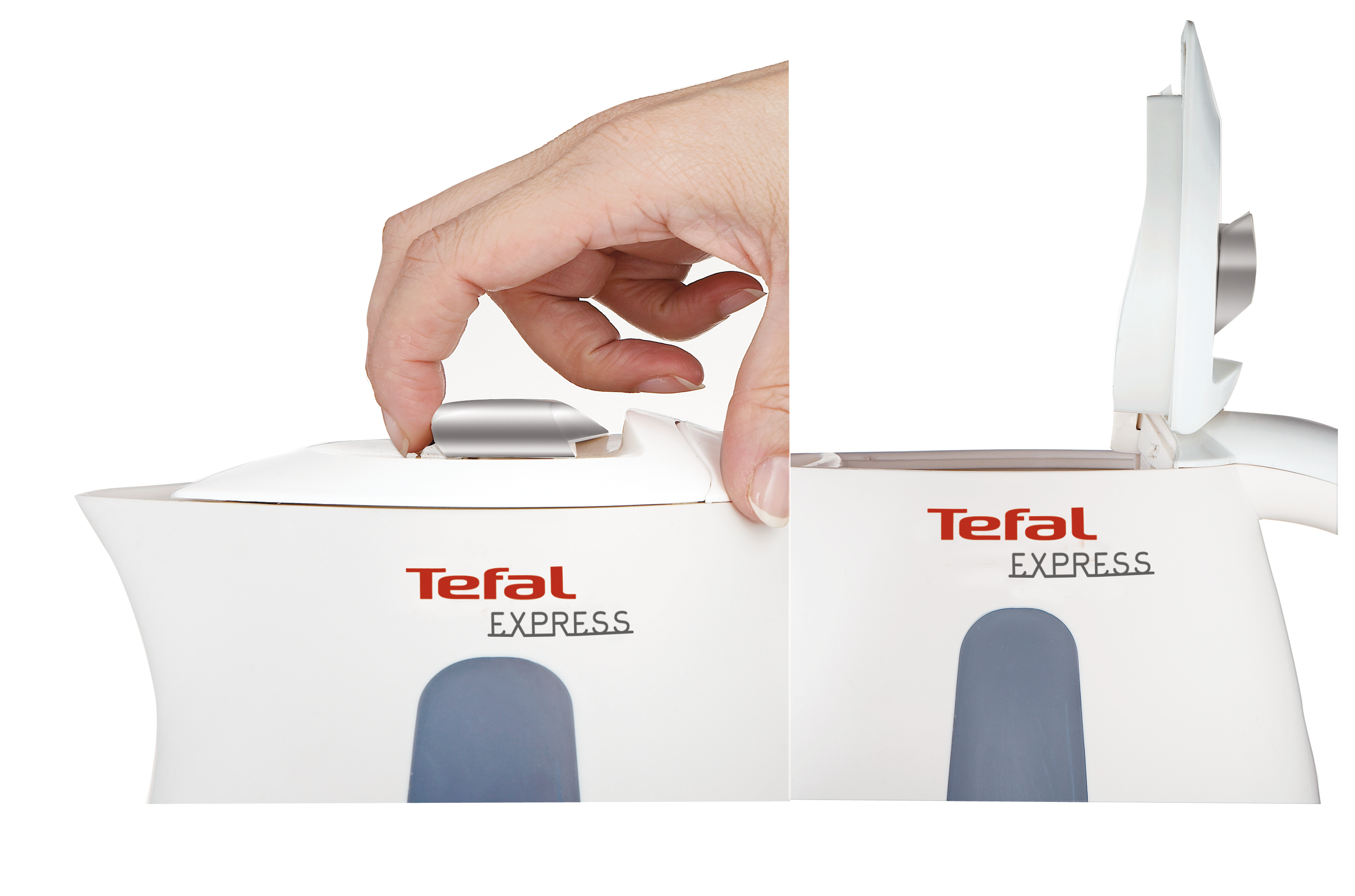 Fehér vízforraló közelről, nyitás közben. A kéz megnyomja a gombot, hogy kiengedje a fedelet.