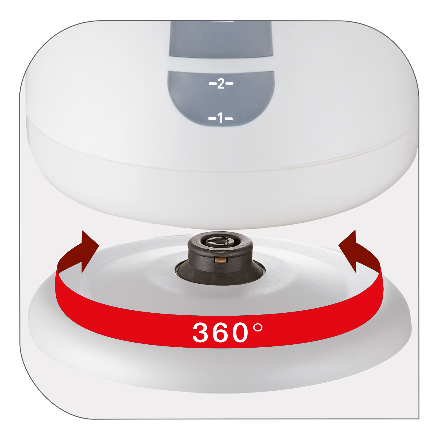 Fehér elektromos vízforraló talp, 360°-os forgatással, piros nyíllal jelezve.