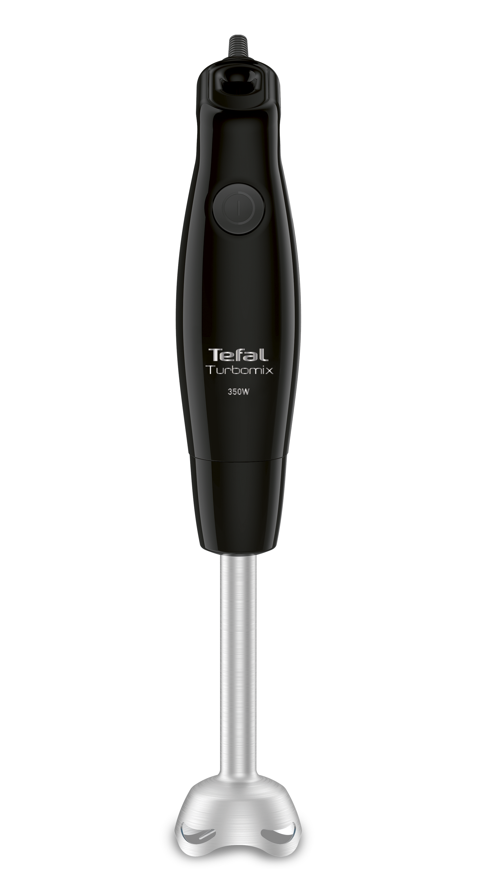 Egy fekete Tefal Turbomix botmixer látható fehér háttér előtt.