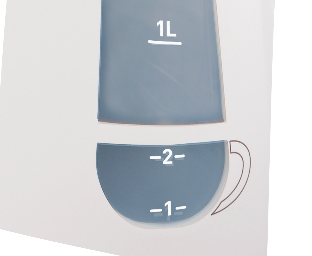Grafika folyadékszint jelölésekkel, amely egy 1 literes tartályt és egy csészét mutat 1-es és 2-es jelzéssel.