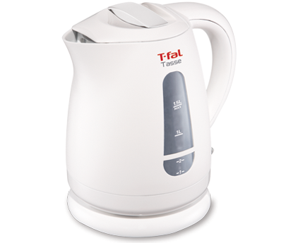 Egy fehér T-fal Tasse elektromos vízforraló, vízszintjelzővel és fogantyúval.