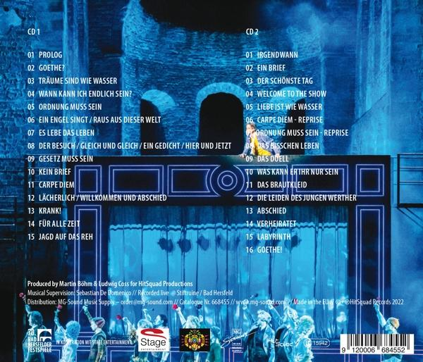 Rückseite einer CD-Hülle mit deutschem Text und farbenfrohem Bild. Bühnenproduktion.
