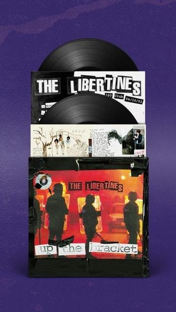 Albumcover von The Libertines' Album 'Up The Bracket' mit zwei Schallplatten. Lila Hintergrund.