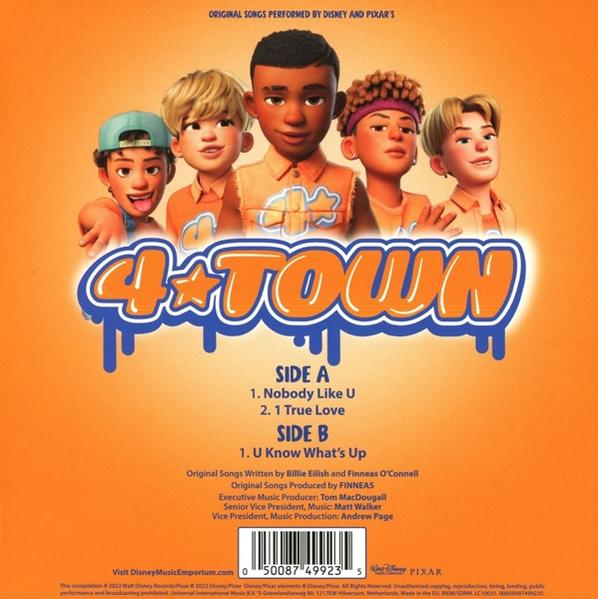 Albumcover. Fünf Cartoon-Bandmitglieder in orangefarbenen Hemden und Text '4*TOWN'.