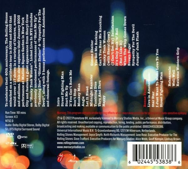DVD-Hülle mit Text. Listet die Aufführungen und die Titelliste zum 40-jährigen Jubiläum der Rolling Stones auf.