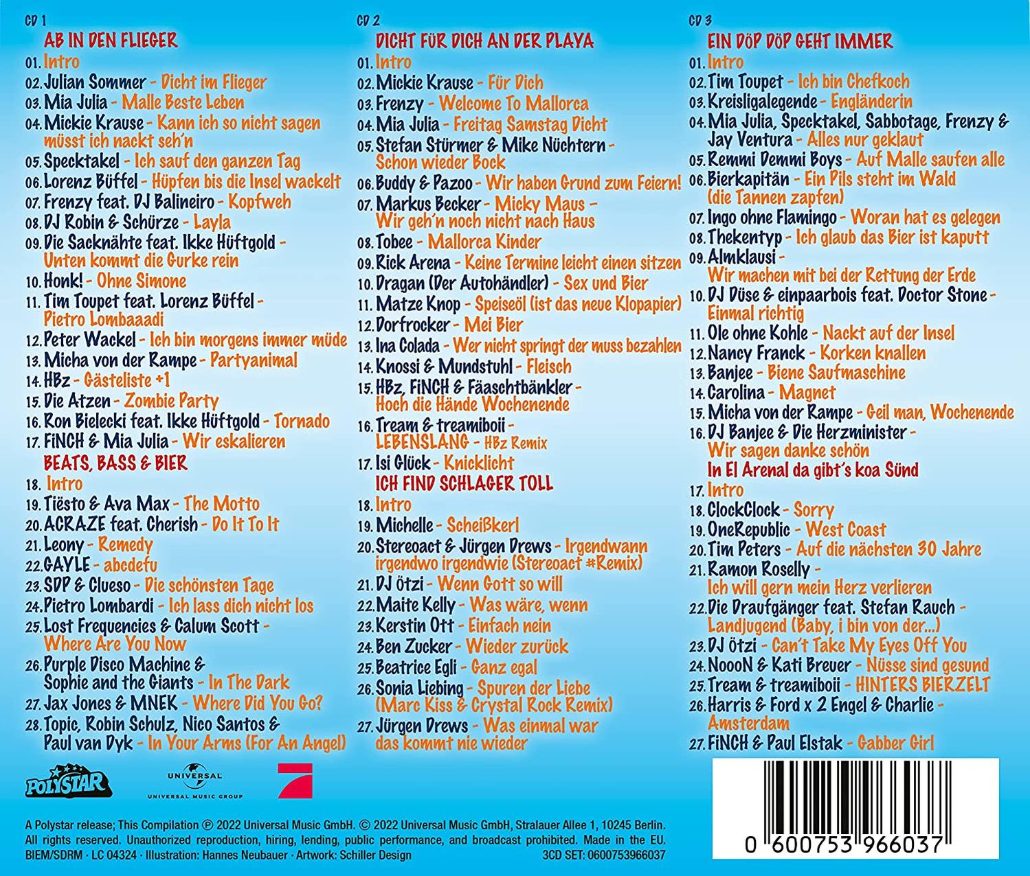Eine Liste von Titeln in Deutsch und Englisch auf einem CD-Cover.