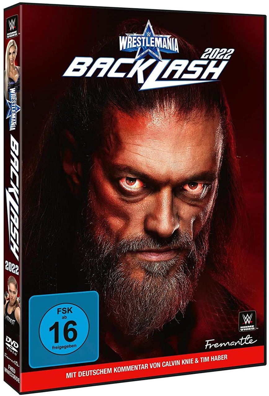 DVD-Hülle mit Gesciht eines Wrestlers, roten Augen und Bart. WrestleMania Backlash 2022. Schwarz und rot.