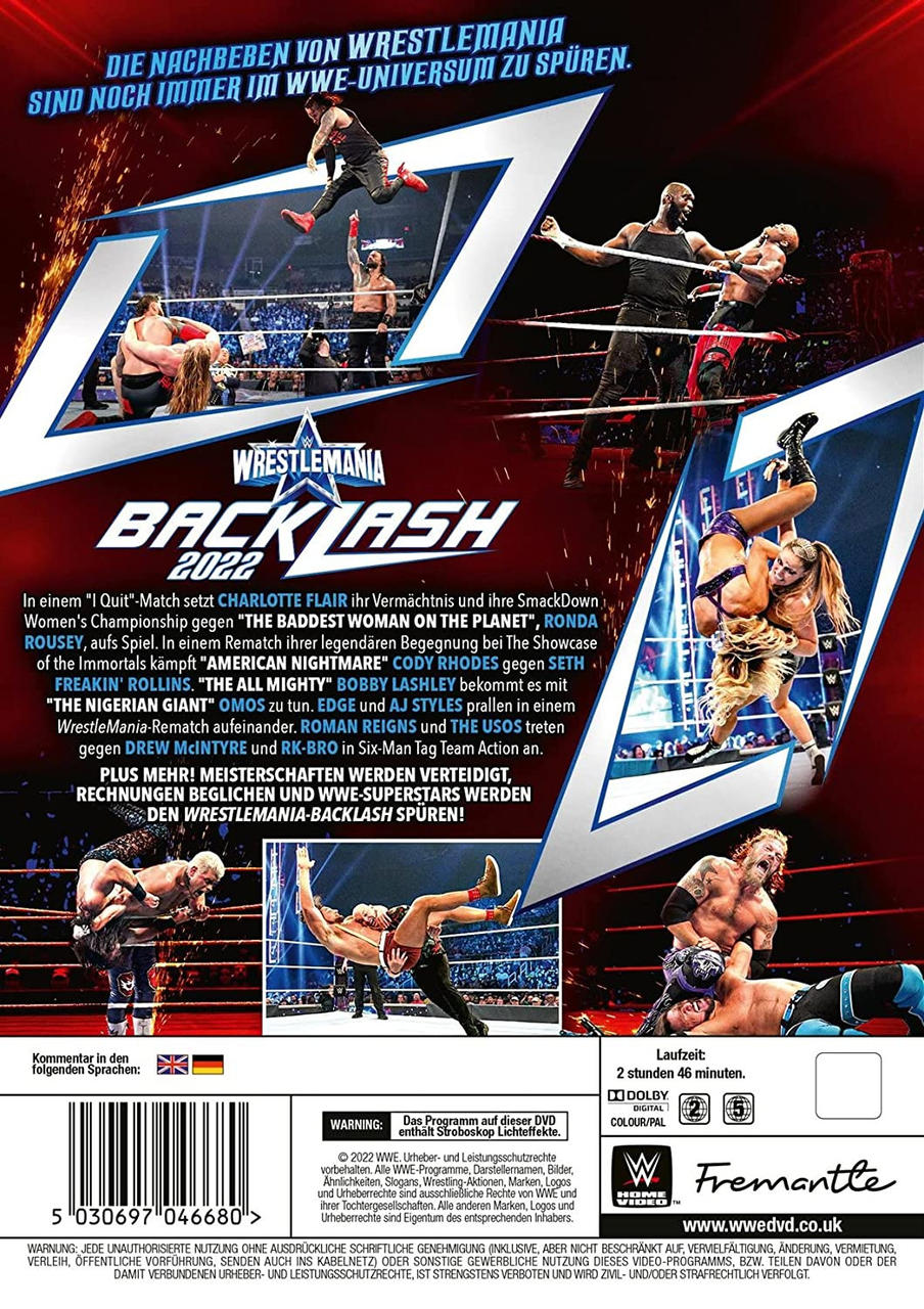 Rückseite einer WWE Wrestling DVD. Wrestler in Aktion. Text und Logos sind sichtbar. Bunt.