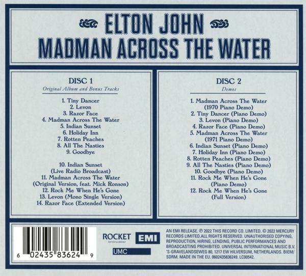 Achterkant van het album van Elton John, met tracklists en credits.