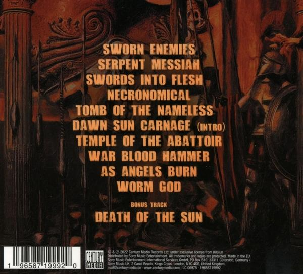 Albumcover mit Text. Sworn Enemies, Serpent Messiah, Swords Into Flesh.