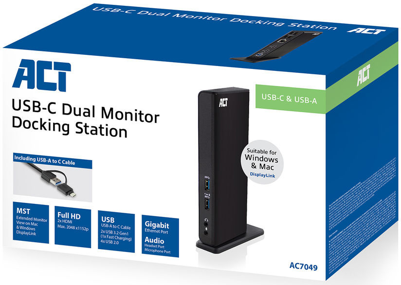 Boîte pour station d'accueil double moniteur USB-C, avec détails et station.