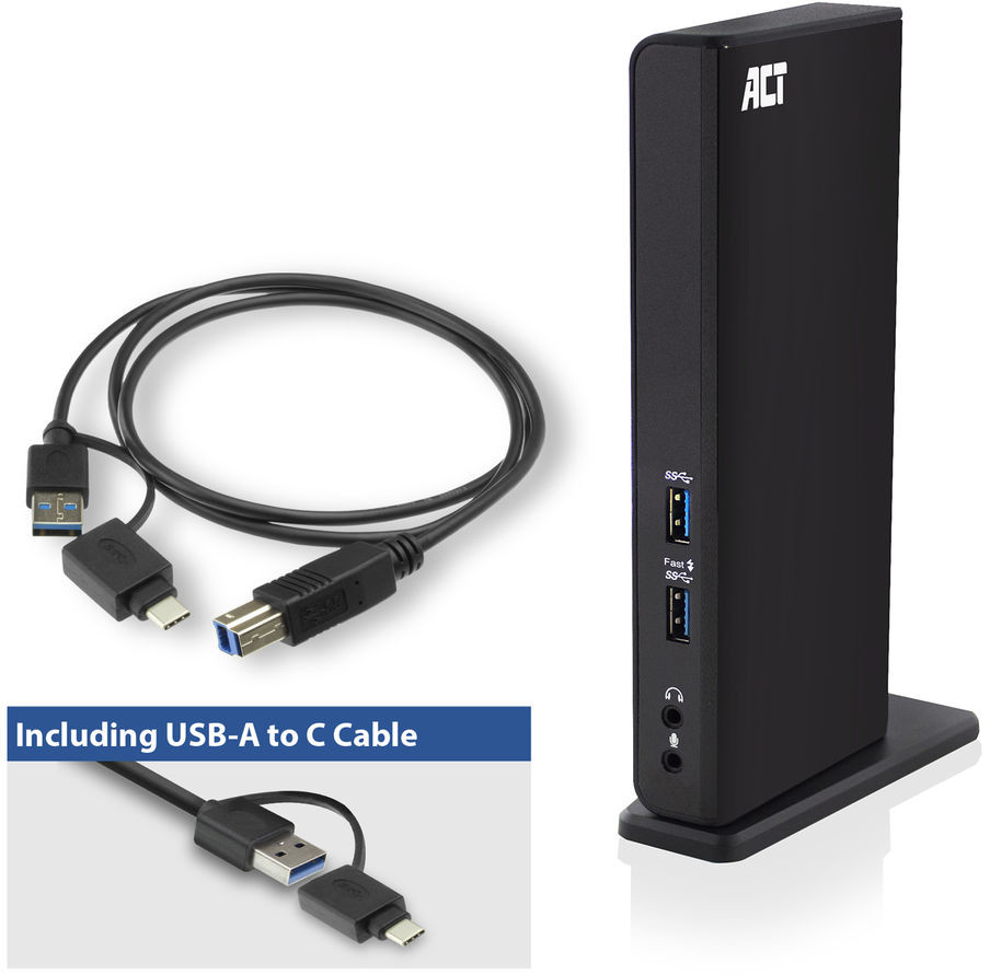 Hub USB noir avec câbles USB-A et USB-C. Une station d'accueil noire est également visible.