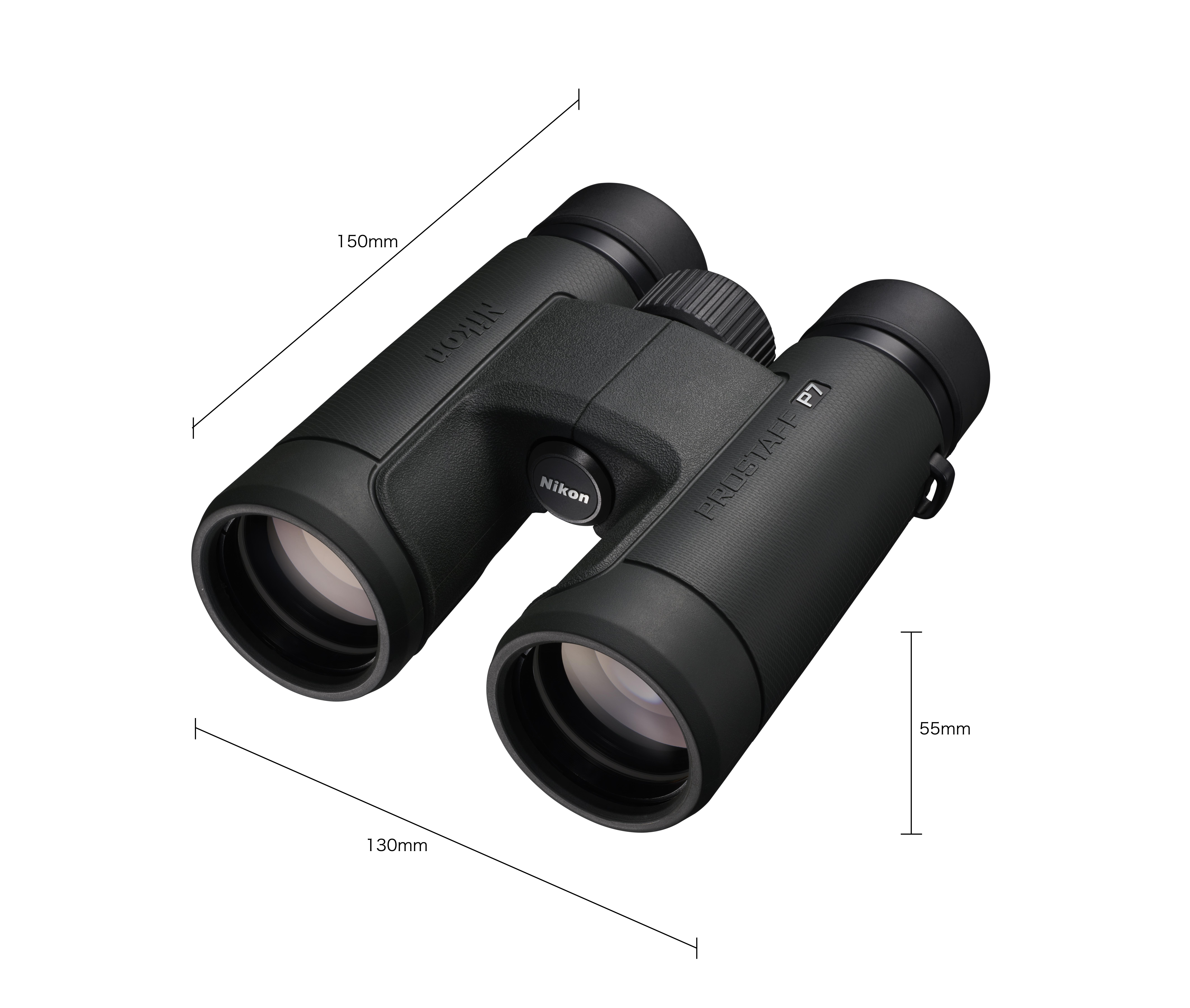 Schwarzes Fernglas mit Maßangaben auf weißem Hintergrund.