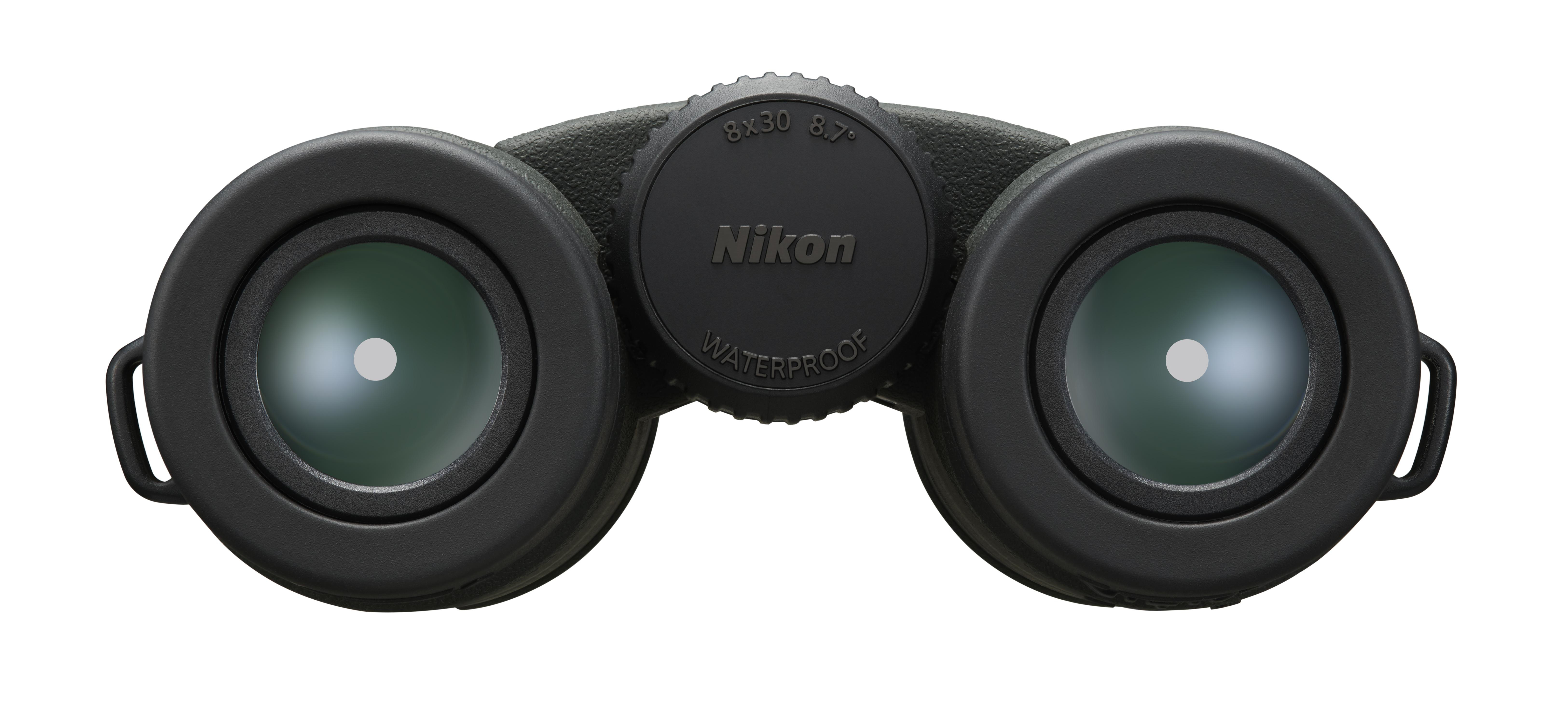 Nikon Fernglas, schwarz, wasserdicht, auf weißem Hintergrund, Frontansicht.