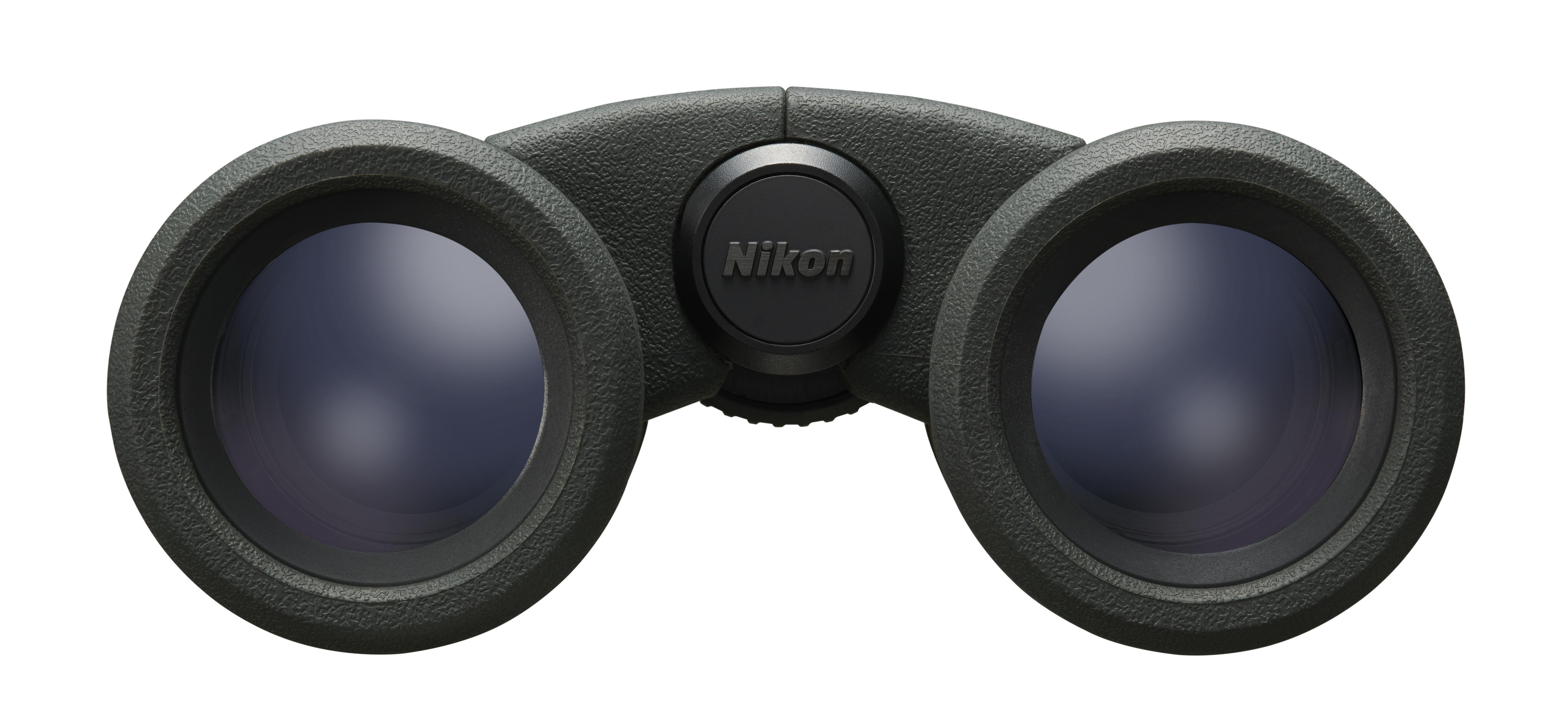 Fernglas mit schwarzem, gummiertem Griff und Linsen, Nikon-Logo.