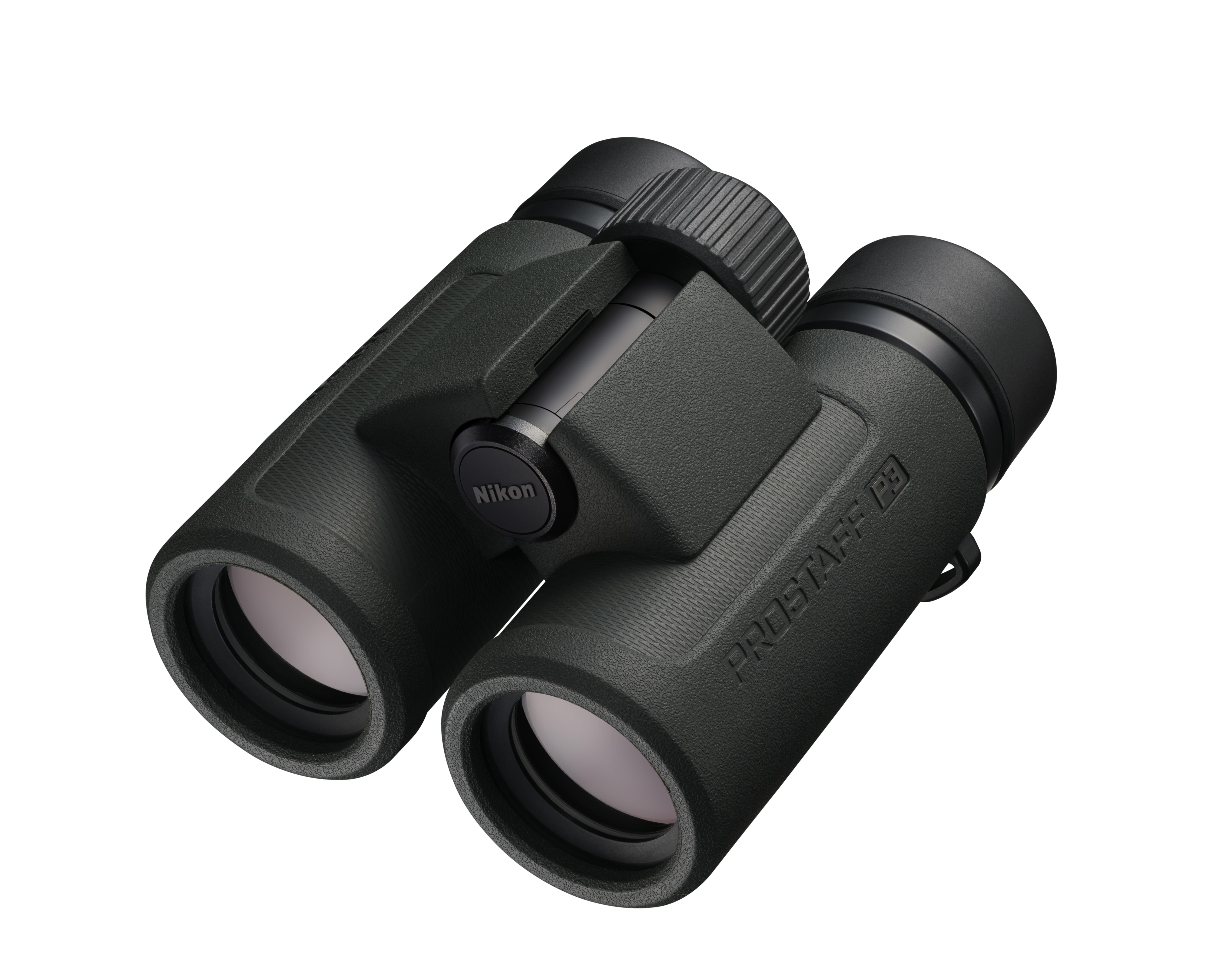 Dunkelgrünes Nikon Prostaff P3 Fernglas auf weißem Hintergrund.