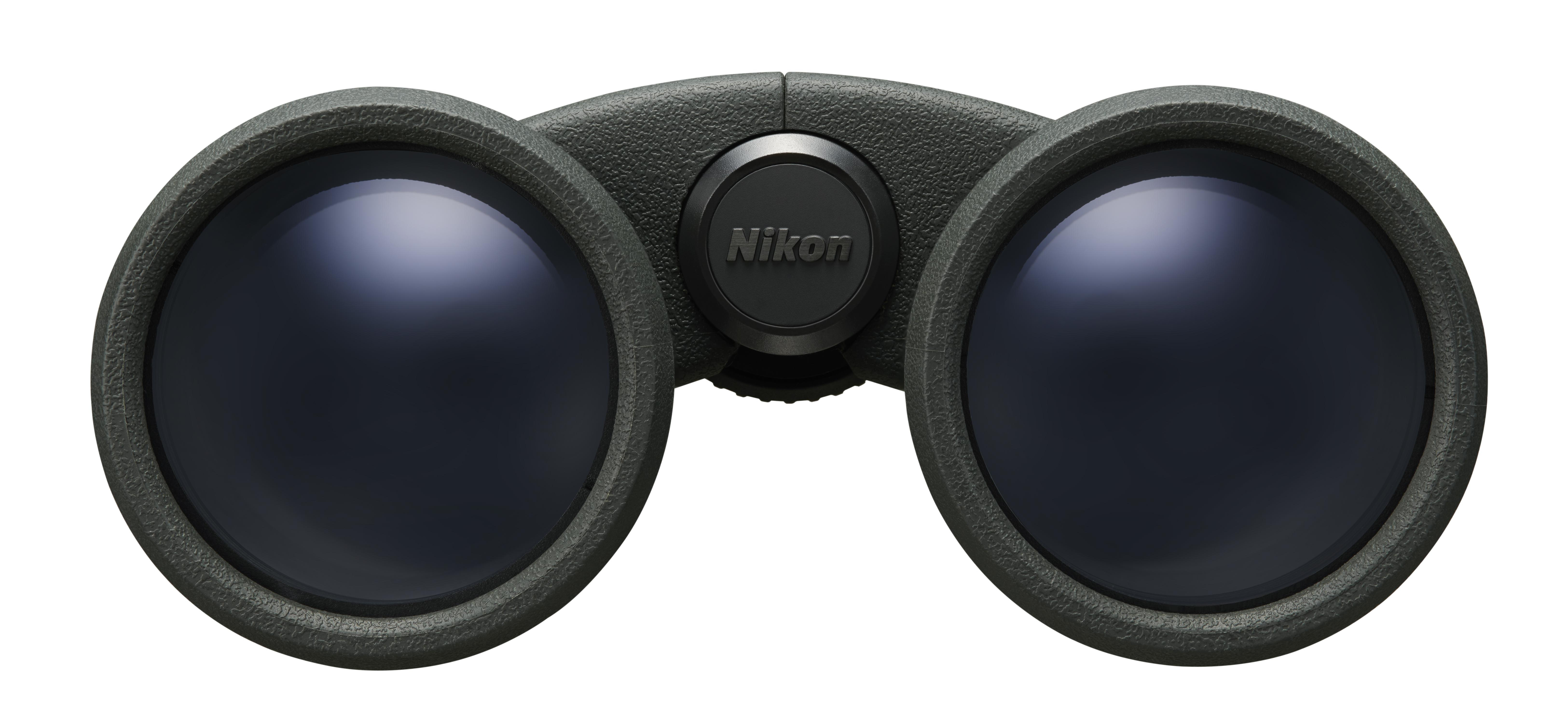 Schwarzes Nikon-Fernglas auf weißer Oberfläche. Die Linsen sind dunkel und reflektierend.