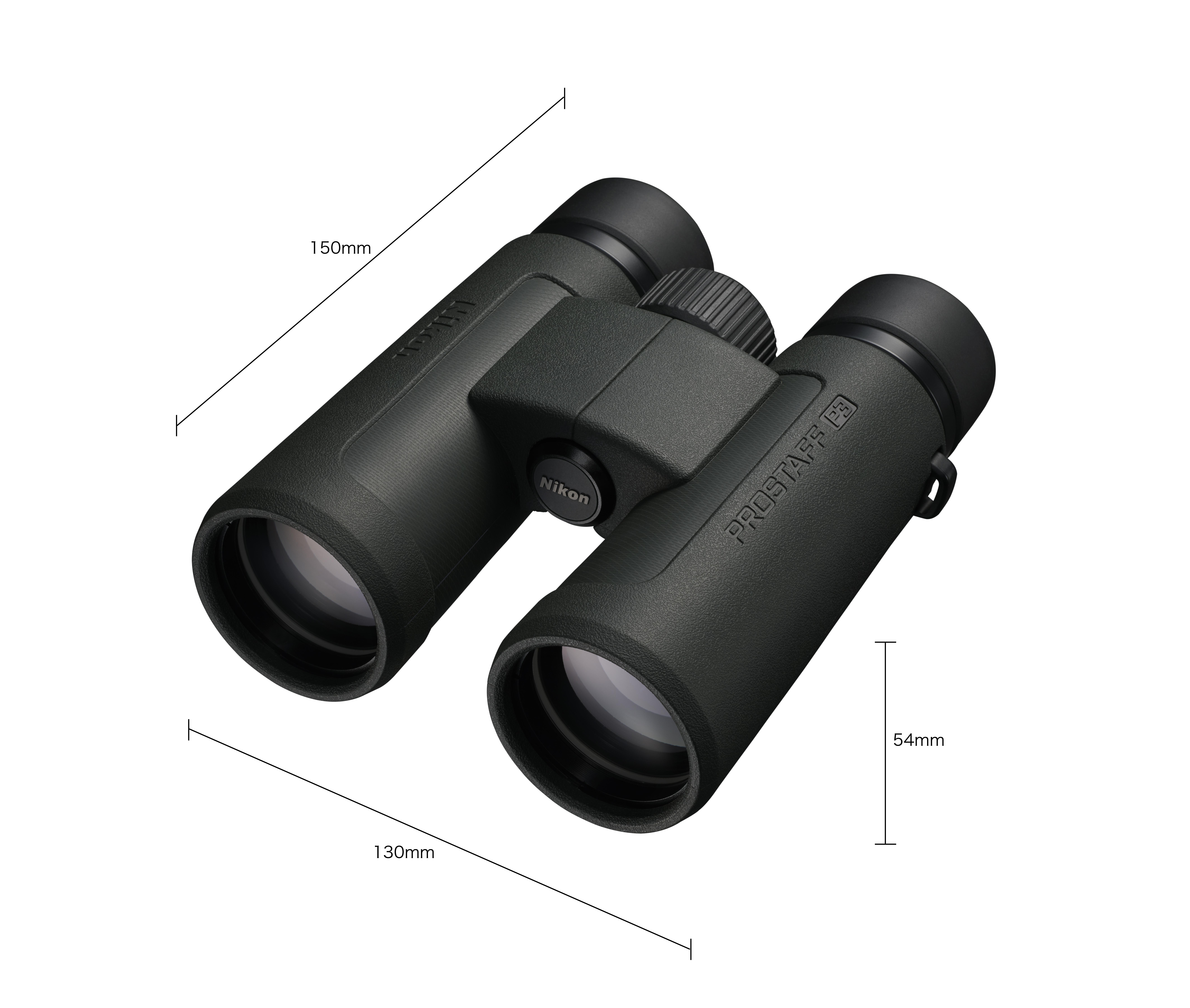 Schwarzes Nikon-Fernglas mit Abmessungen, vor weißem Hintergrund gemessen.
