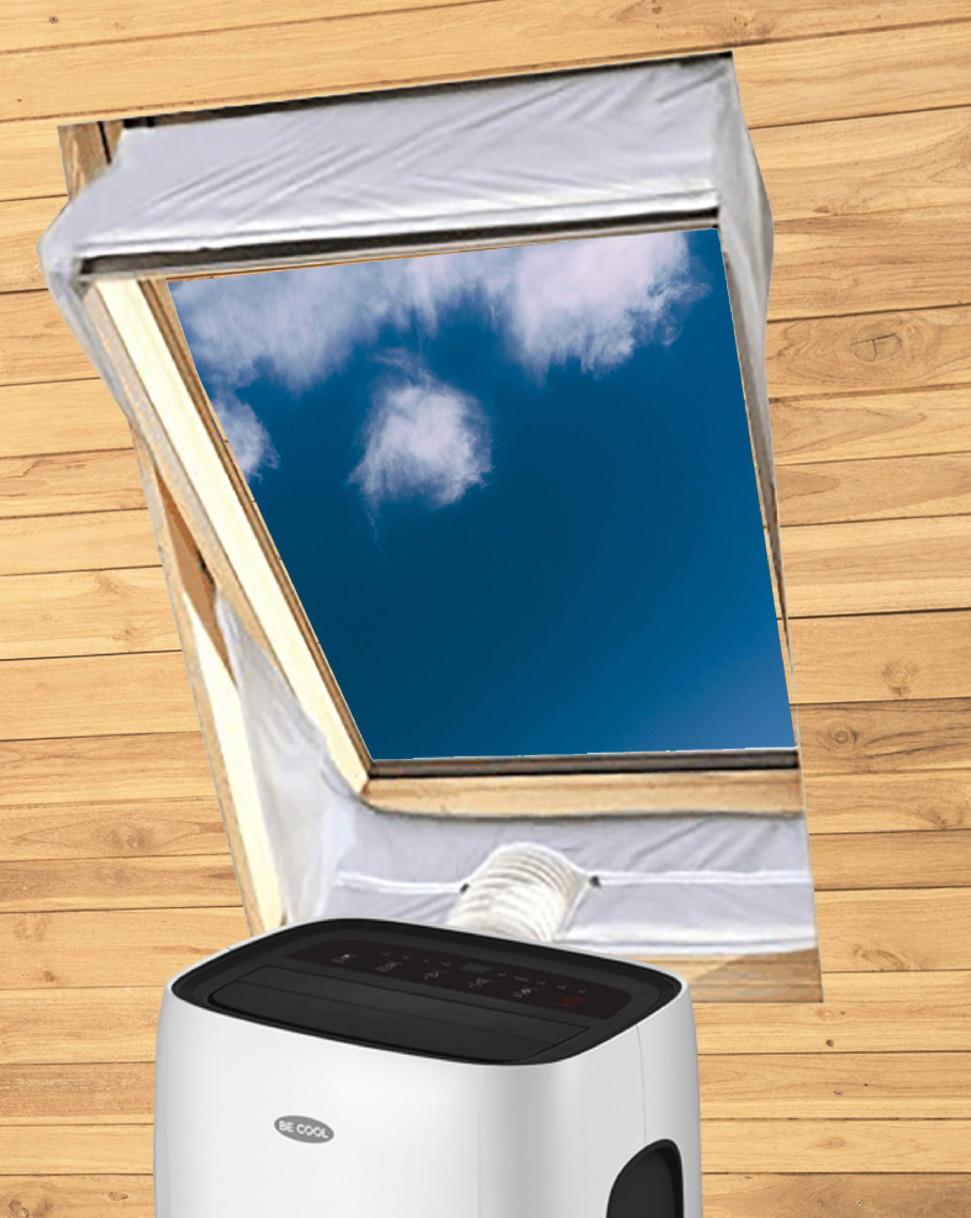 Ein Blick auf den Himmel durch ein Dachfenster, mit einem Klimagerät darunter.