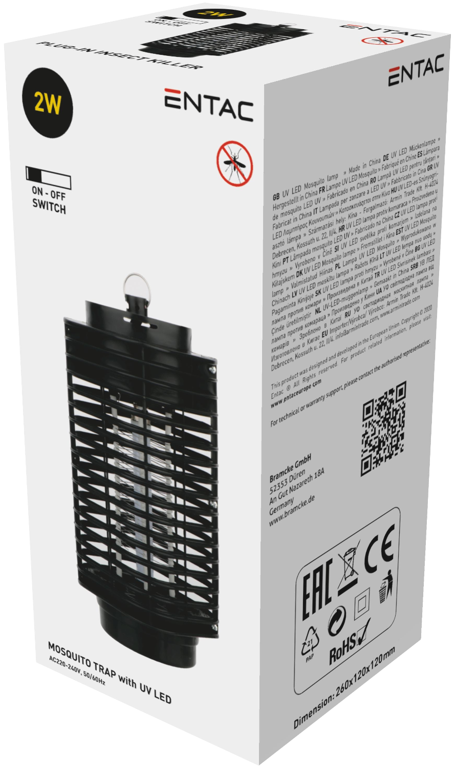 Fekete szúnyogcsapda dobozzal, szöveggel és QR-kóddal fehér háttérrel.