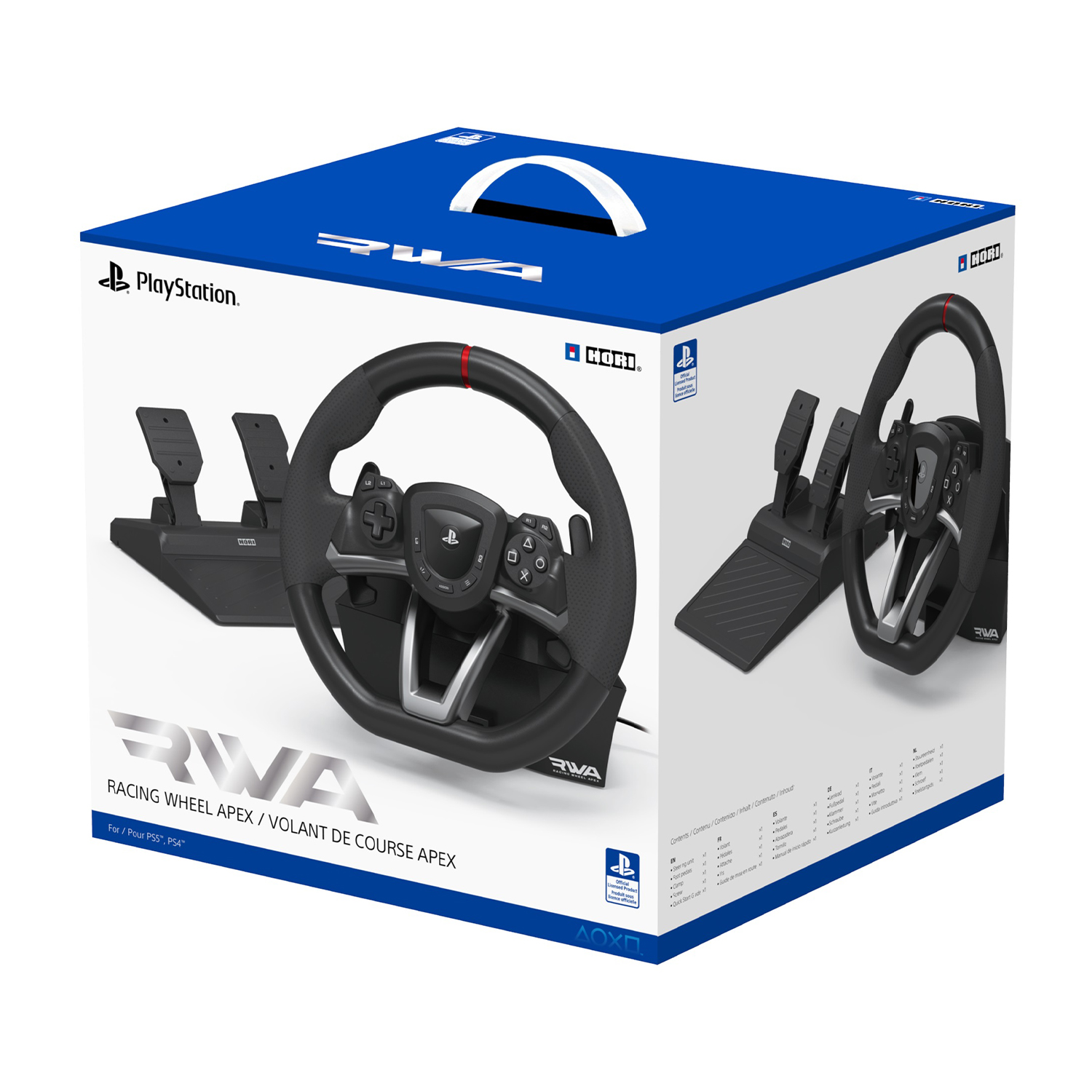 Set volante da corsa in scatola con pedali e volante. Sono esposti i marchi PlayStation e RWA.