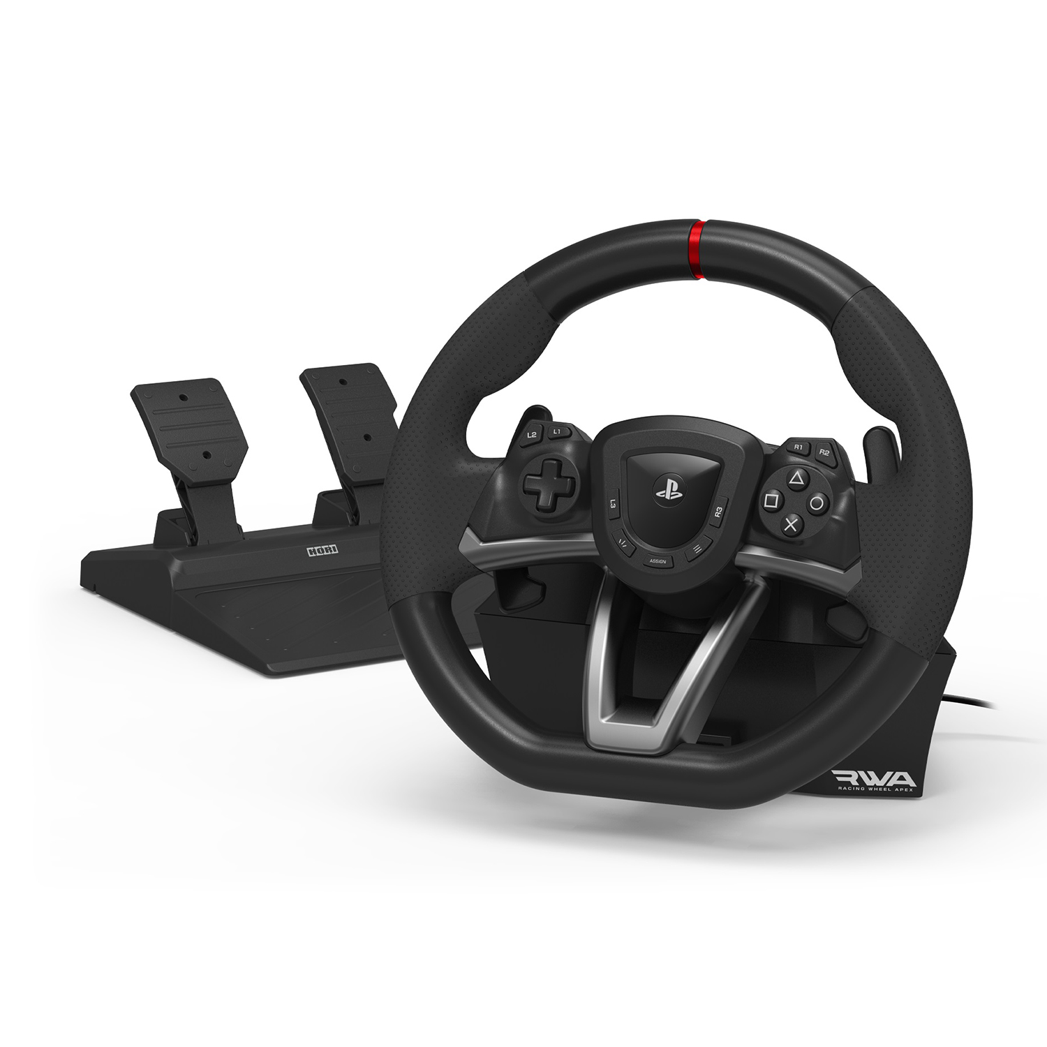 Un volante da corsa nero con pedali, per un'installazione di gioco, su sfondo bianco.