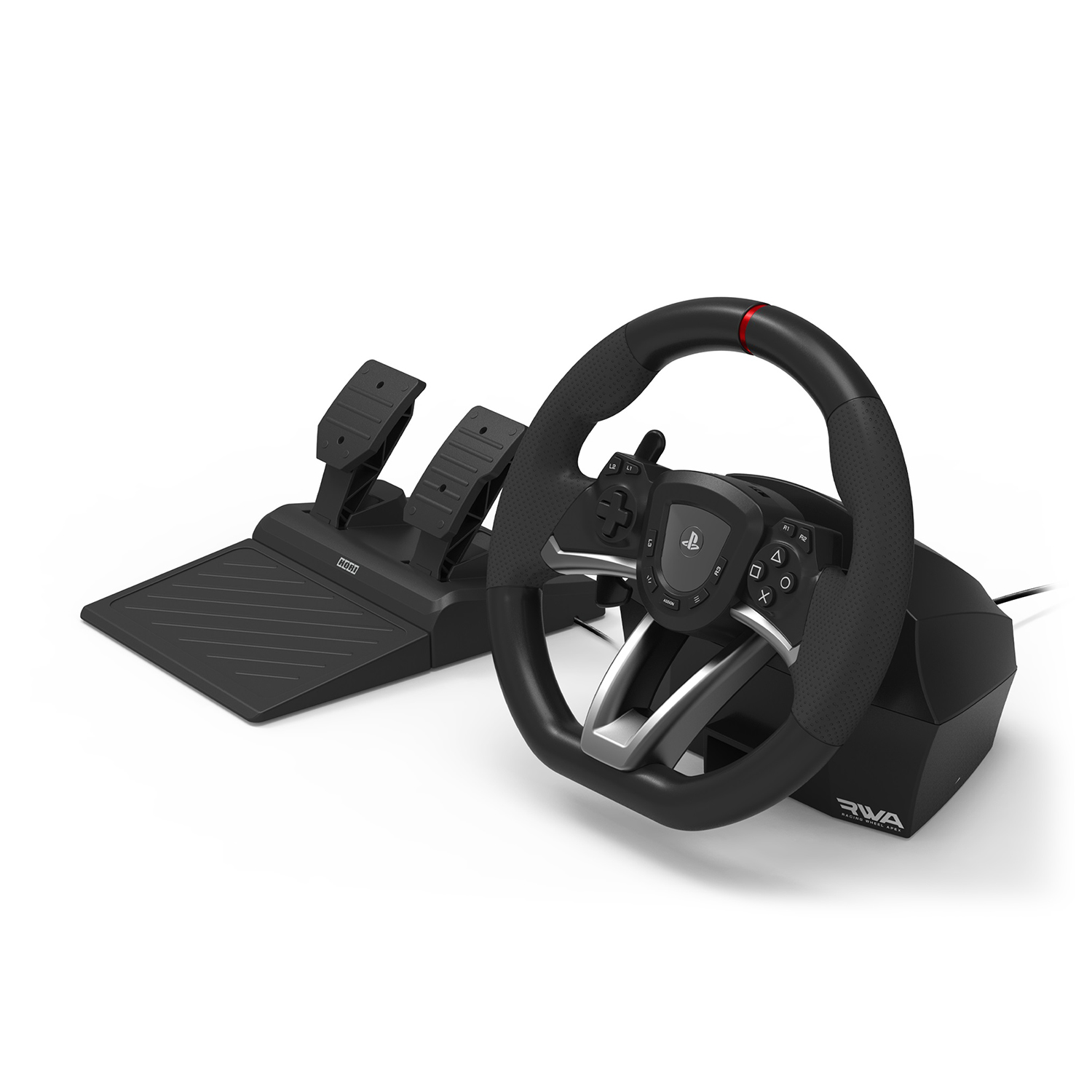 Volante e pedali da gioco su sfondo bianco. Il volante ha pulsanti e una striscia rossa.