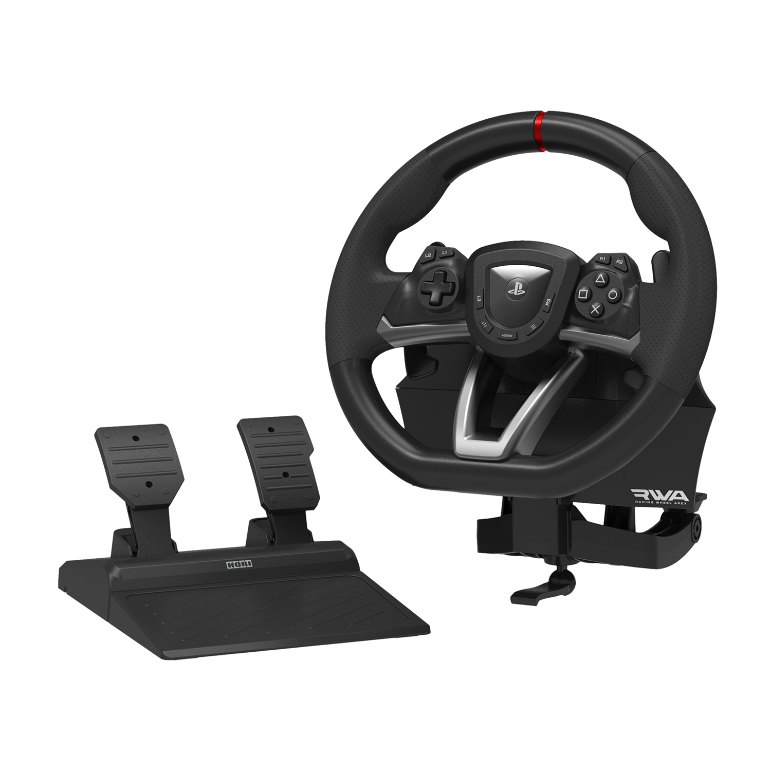Volante nero con pedali. Volante nero con striscia rossa e comandi. Pedali su una base.