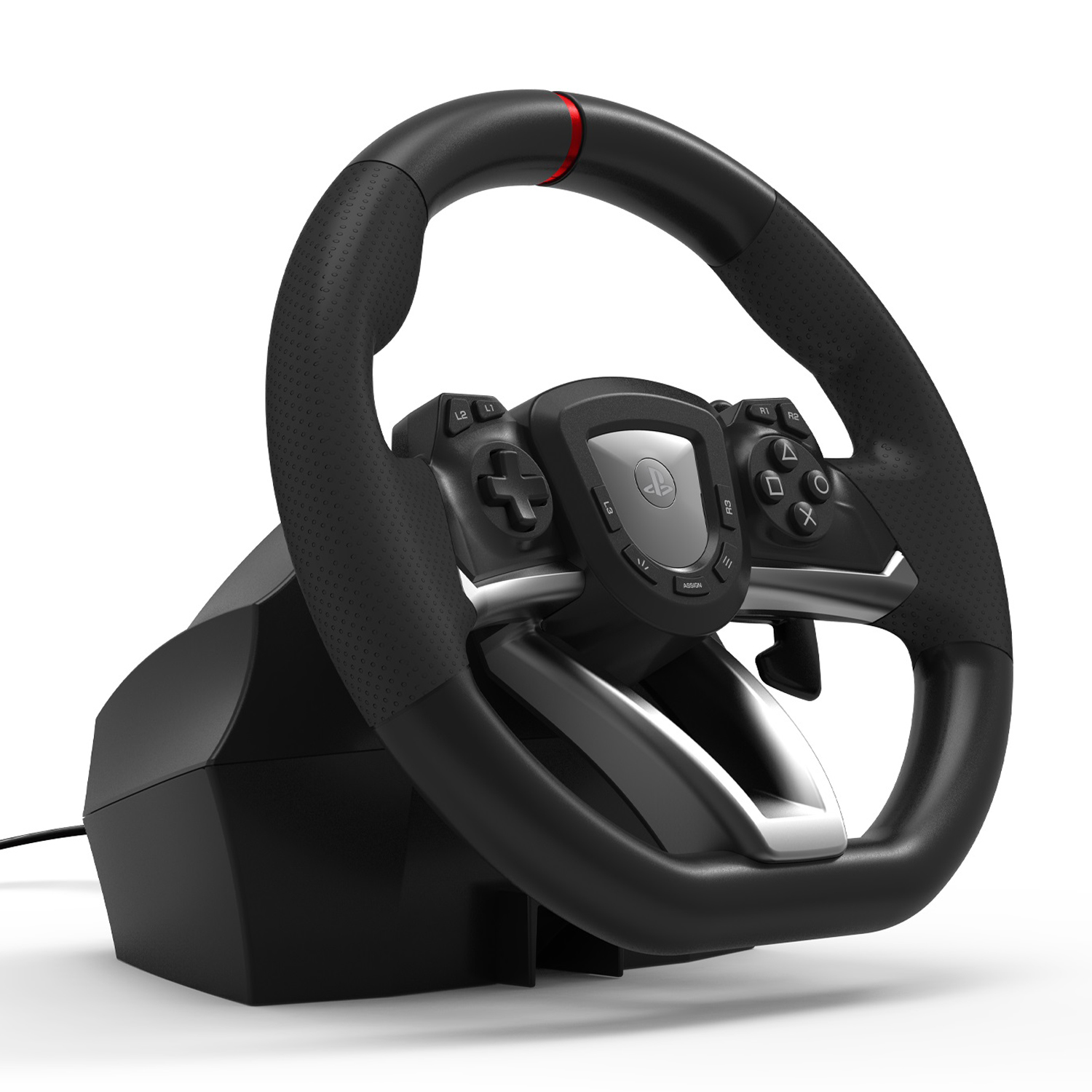 Volante da corsa PlayStation nero e grigio con pulsanti e paddle. Sfondo bianco.