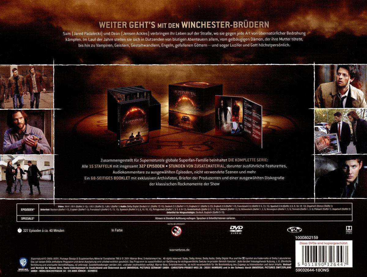 Rückseite einer DVD-Box. Text in Deutsch und Bilder der Fernsehserie Supernatural.