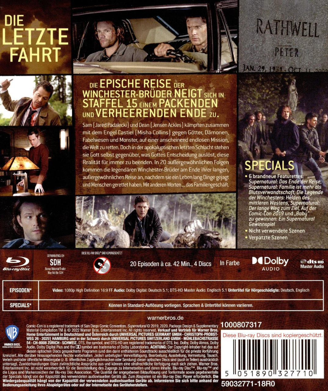 DVD-Rückseite. Supernatural Staffel 15. Enthält Bilder des Casts, Episodendetails und Logos.